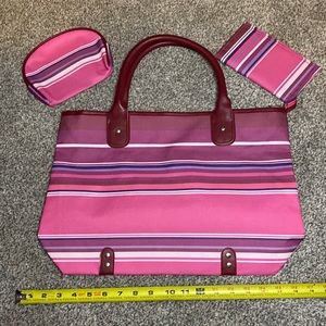3 pc purple/pink striped tote set, Includes large tote, makeup bag, and wallet.